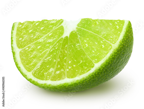 Slice of lime citrus fruit isolated on white background, with clipping path
