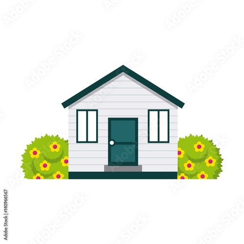 white house and green bushes over white background. colorful desing. vector illustration