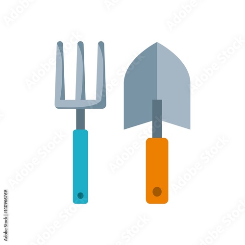trowel and hand fork over white background. gardening equipment, colorful design. vector illustration