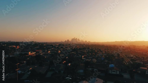 Wide, Los Angeles skyline at sunset