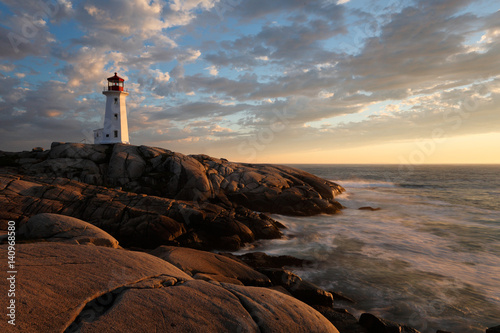 Peggys Cove Lighthouse sunset, Nova Scotia, Canada.  photo