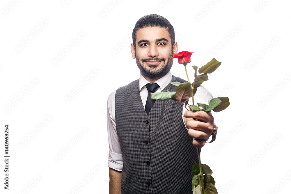 Handsome romantic happy man with rose flower. studio shot. isolated on white background. holding and giving flower and looking at camera and smiling.. Handsome romantic happy man with rose flower. studio shot. isolated on white background. holding and giving flower and looking at camera and smiling..