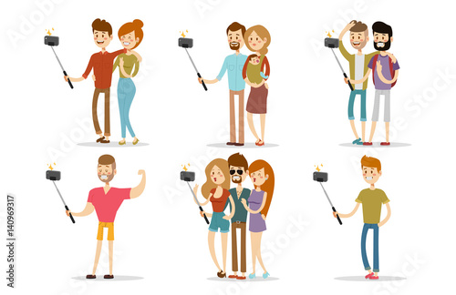 Selfie people isolated vector illustration character photo lifestyle set hipster smart flat camera smartphone person picture