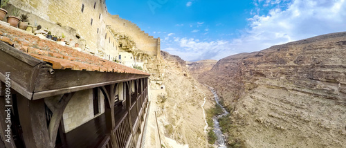 Kidron river valley. Panorama viewed from terrace of Greek Orthodox monastery The Great Lavra of St. Sabbas the Sanctified (Mar Saba) in Judean desert. Palestine, cca. 2015 photo