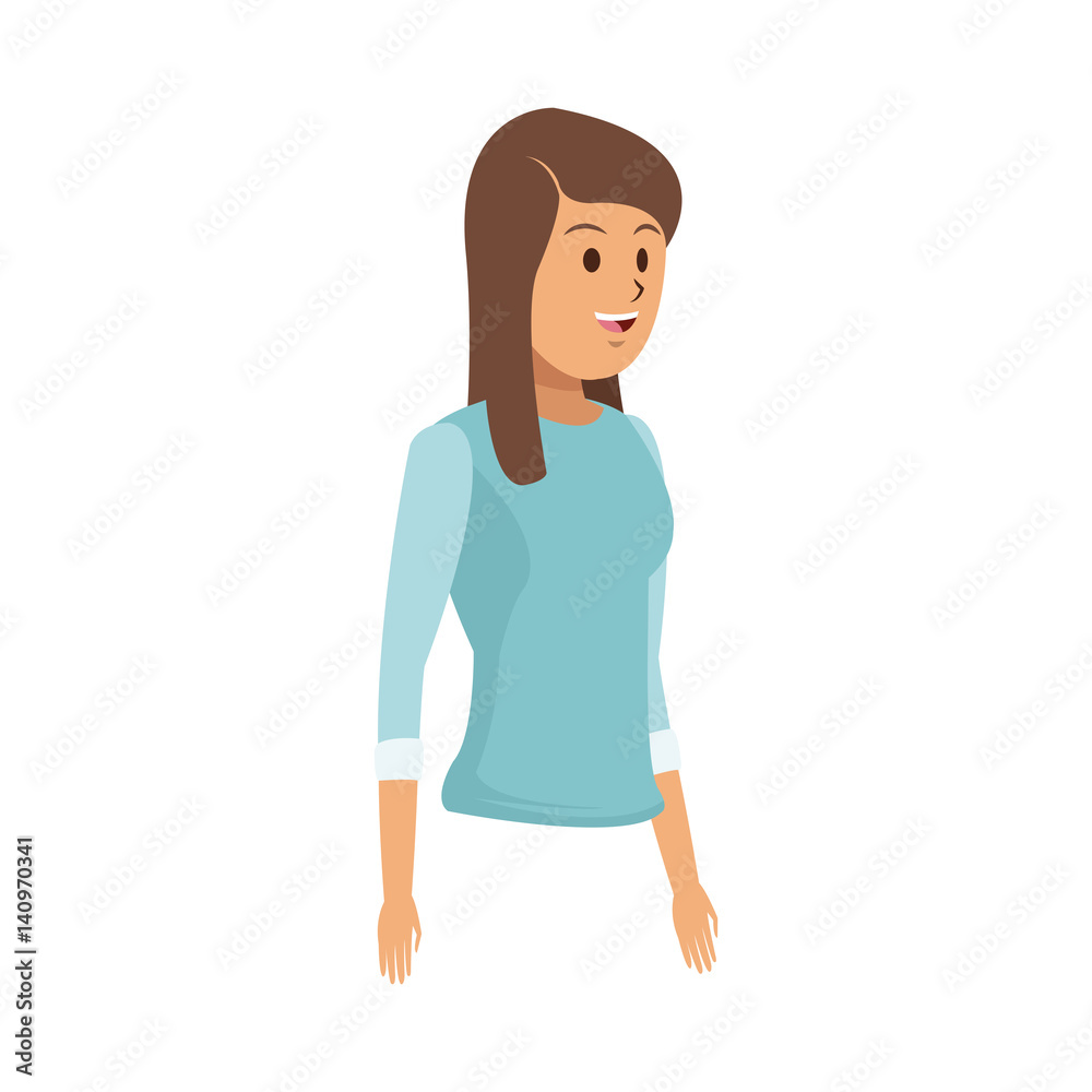 young woman with blue shirt cartoon icon over white background. colorful design. vector illustration