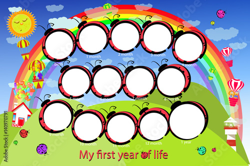 Frame for the child. Landscape of ladybugs.