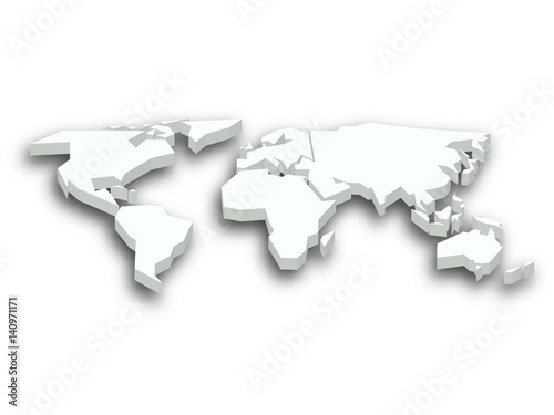 Blue 3D map of world with dropped shadow on background. Worldwide theme wallpaper. Rendered three-dimensional EPS10 vector illustration.