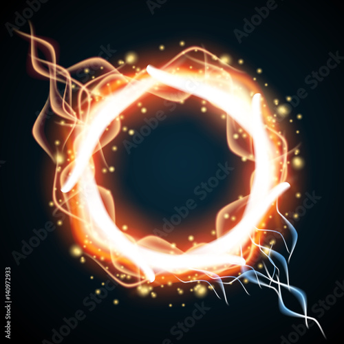 Golden glow round frame with electricity and particles of light. Vector background