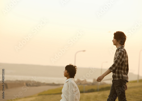Father and son taking a walk