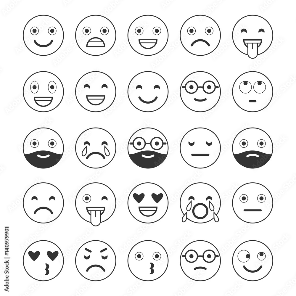 Black and white linear flat icons of emoticons. Smile with a beard, different emotions, moods. Black and white linear flat icons of emoticons. Smile with a beard, different emotions, moods.