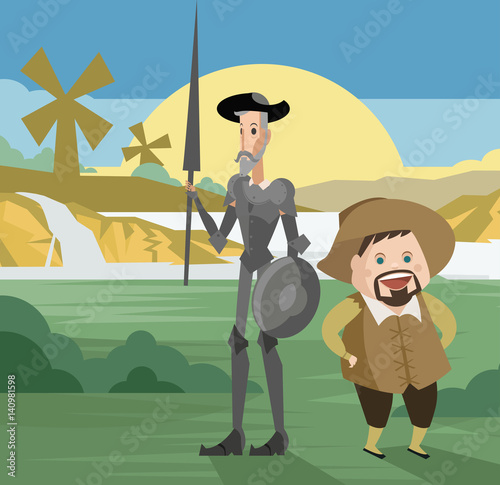 Tableau sur toile quixote and sidekick against windmills