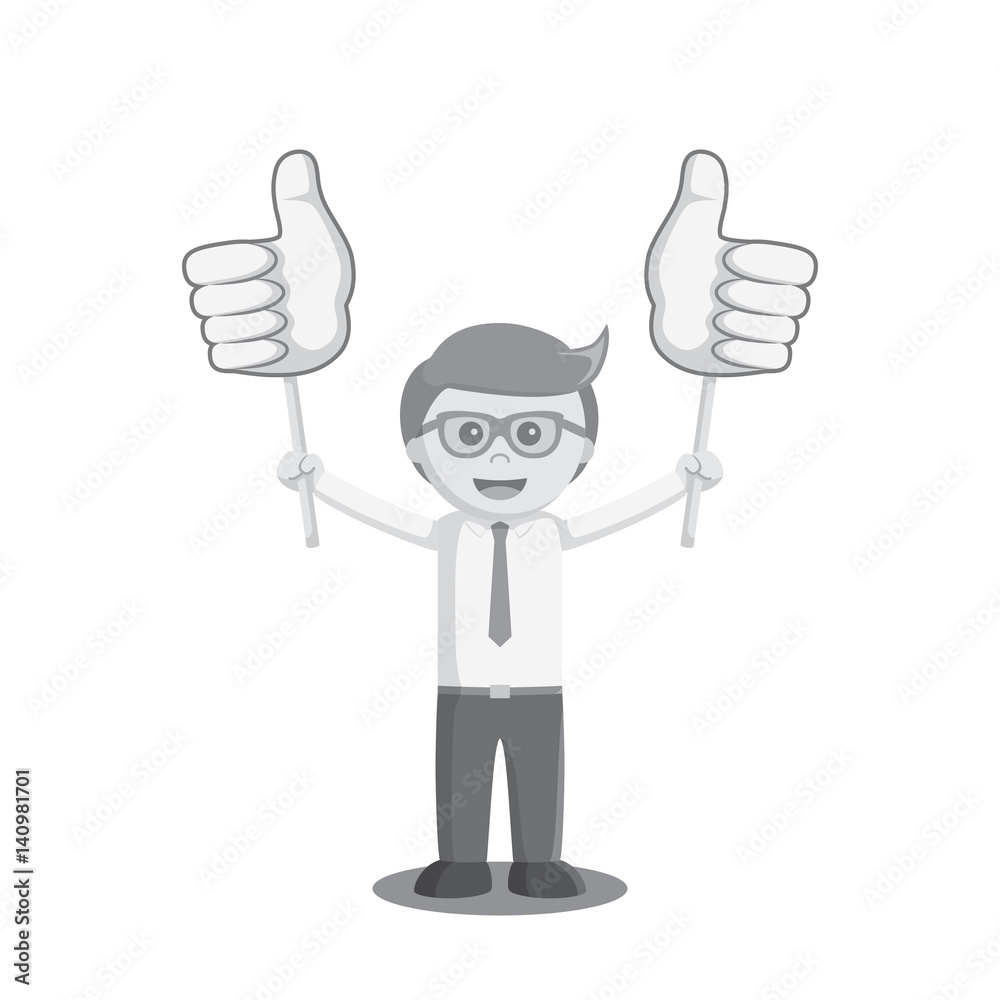 businessman holding two thumb up sign board black and white color style