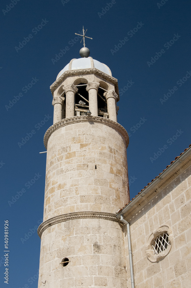 Steeple on the chapel of Our Lady of the Rocks near Perast in Montenegro.