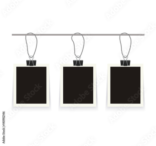 Isolated realistic empty vector photo frame mockup with clips on