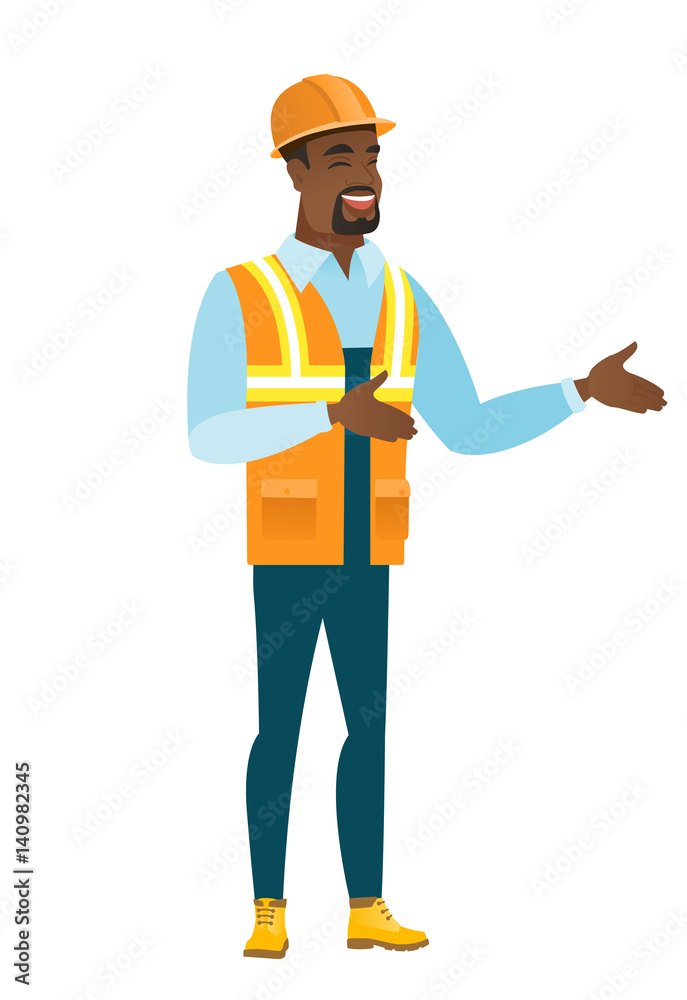 Young african-american happy builder gesturing. Young african-american happy builder gesturing.