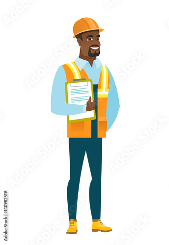 Builder holding clipboard with papers.