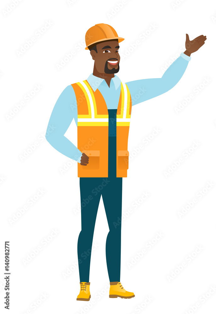 African-american builder showing a direction African-american builder showing a direction