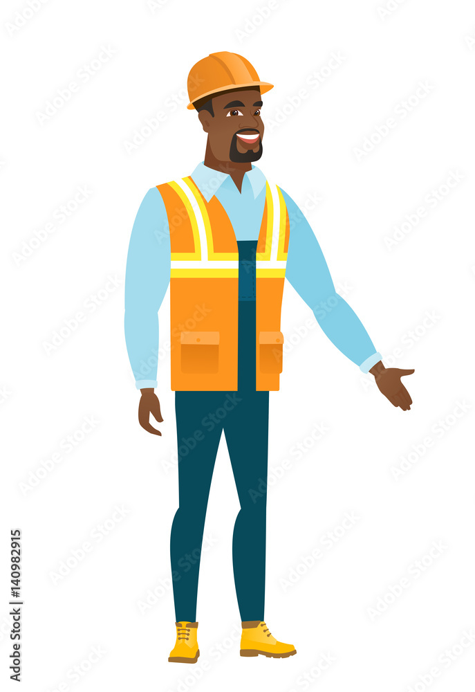 Constructor with arm out in a welcoming gesture. Constructor with arm out in a welcoming gesture.