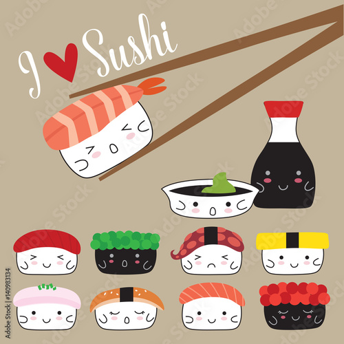 Vector illustration Japanese food. Sushi and soy sauce.