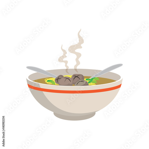 hot yellow noodle soup with meat balls in chinese bowl and spoons on white background, vector illustration