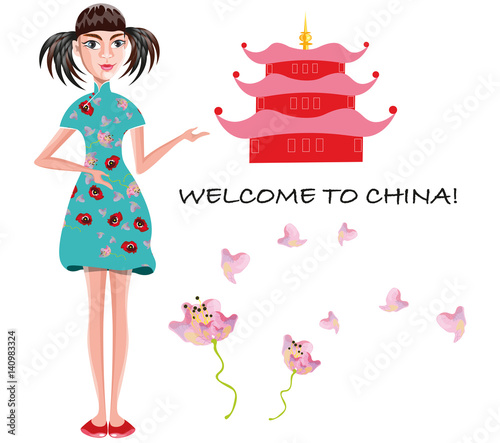 vector illustration with a pretty Chinese girl welcoming to China