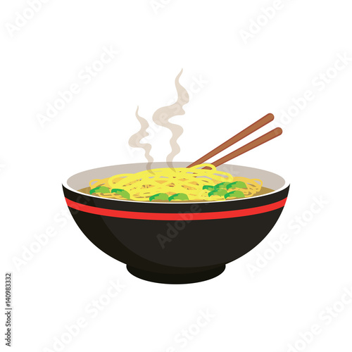 hot yellow noodle soup in chinese bowl and chopstick on white background. vector illustration