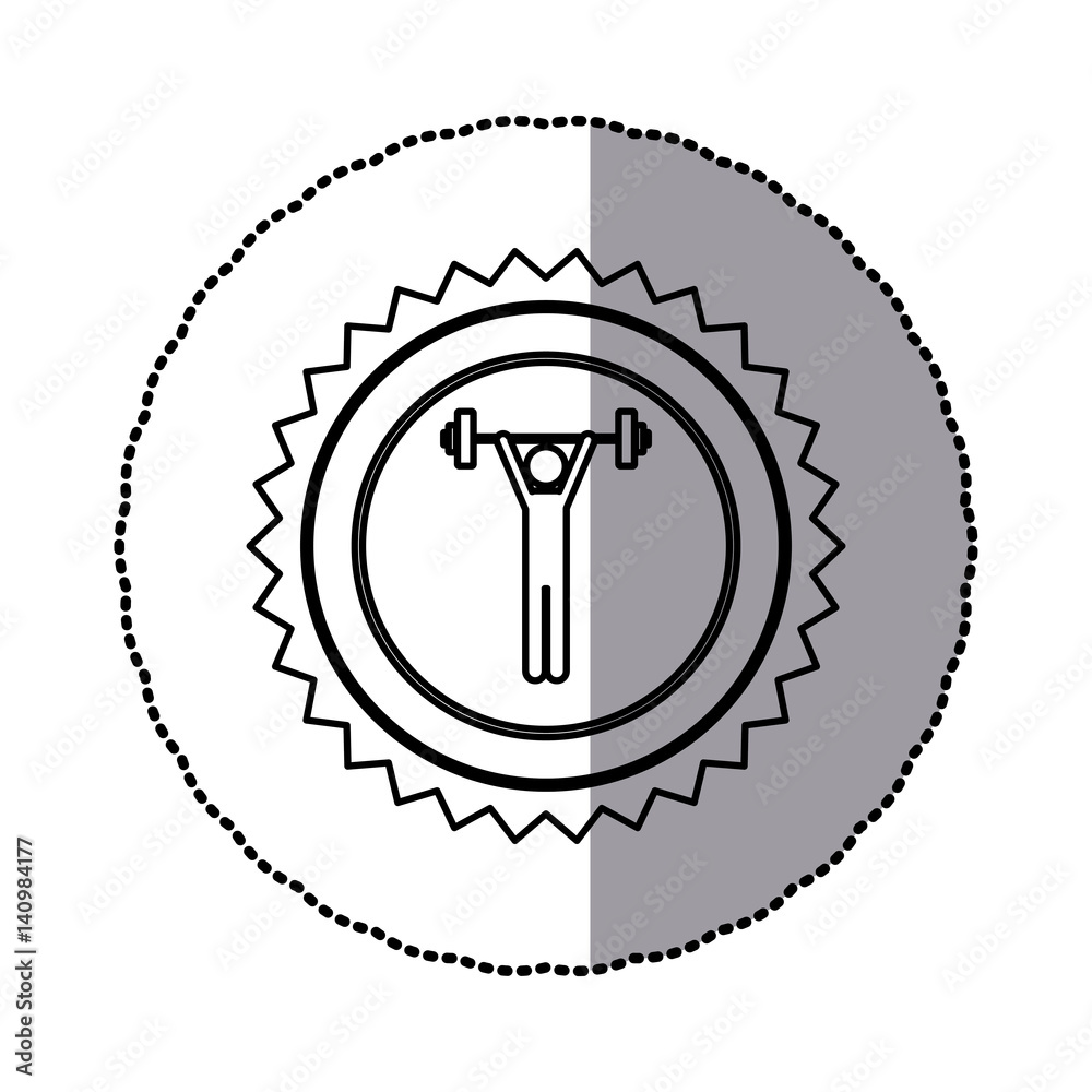 sticker of monochrome circular frame with contour sawtooth of pictogram with man weightlifting vector illustration sticker of monochrome circular frame with contour sawtooth of pictogram with man weightlifting vector illustration