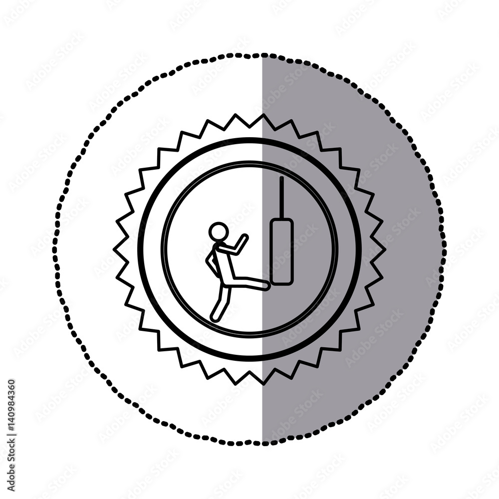 sticker of monochrome circular frame with contour sawtooth of pictogram with man kicking a punching bag vector illustration sticker of monochrome circular frame with contour sawtooth of pictogram with man kicking a punching bag vector illustration