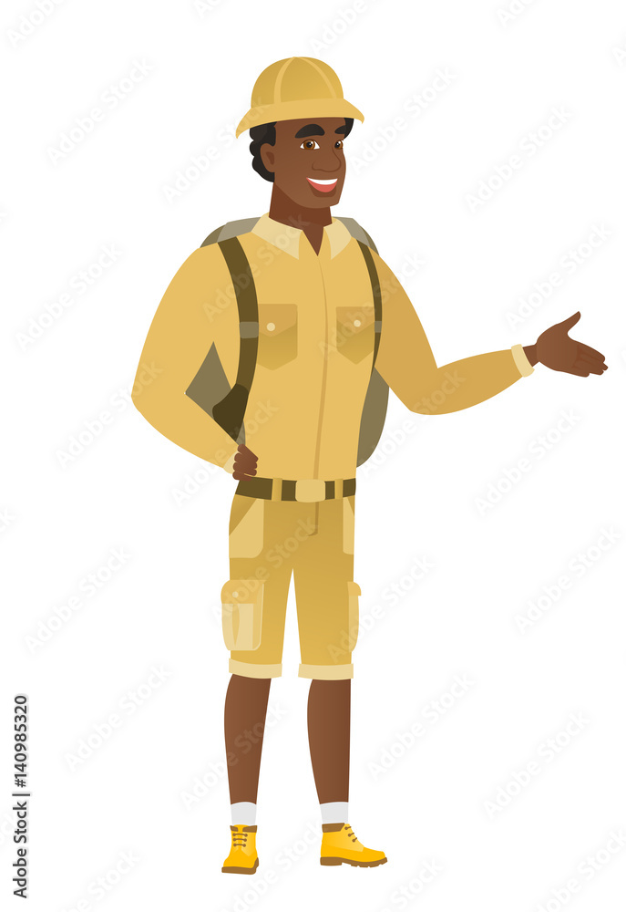 Traveler with arm out in a welcoming gesture. Traveler with arm out in a welcoming gesture.