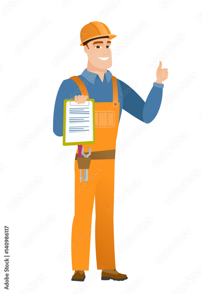 Builder with clipboard giving thumb up.