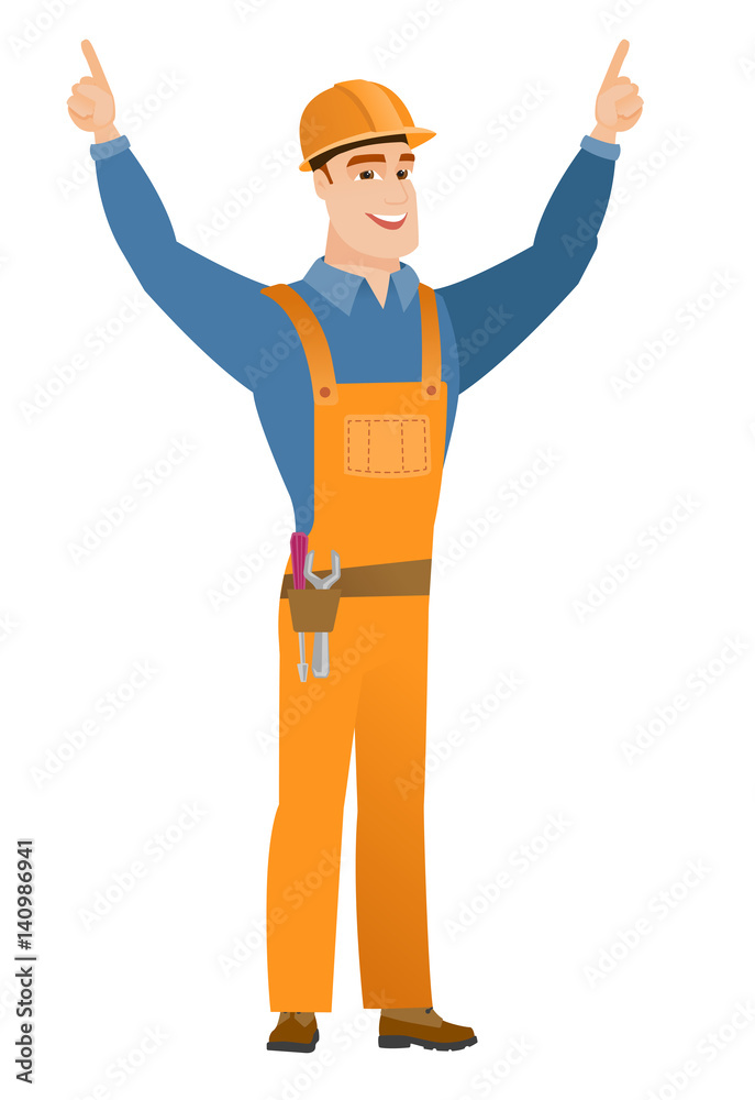 Builder standing with raised arms up. Builder standing with raised arms up.