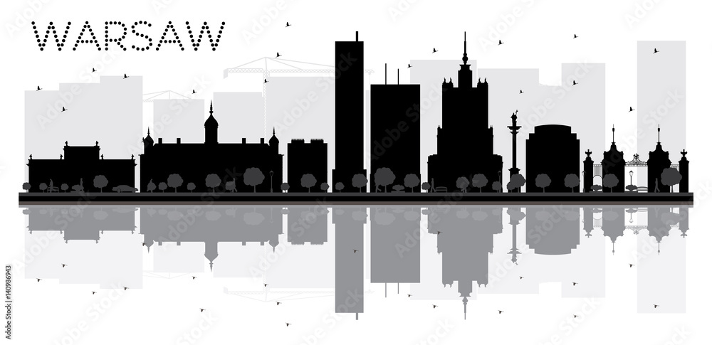 Warsaw City skyline black and white silhouette with reflections.