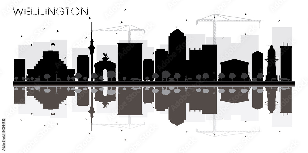 Wellington City skyline black and white silhouette with reflections.