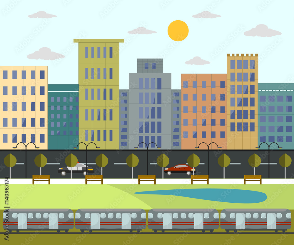 Urban landscape with transportation in flat design. Illustration of colorful houses and park