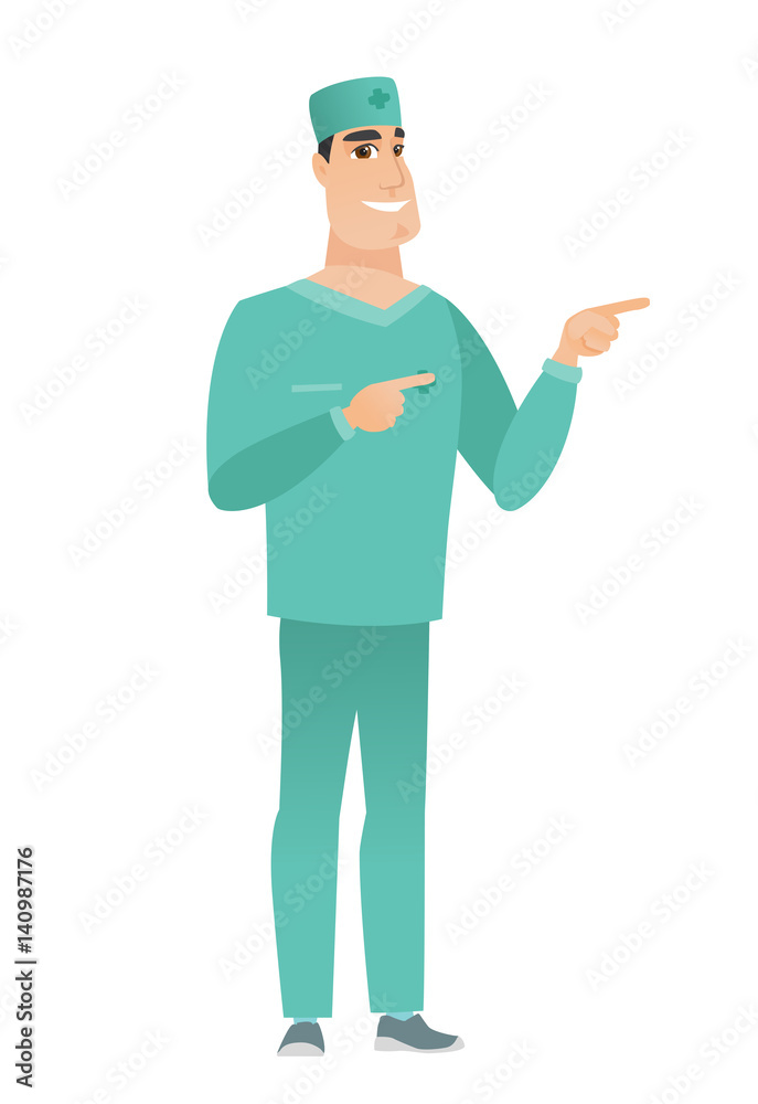 Young caucasian doctor pointing to the side.