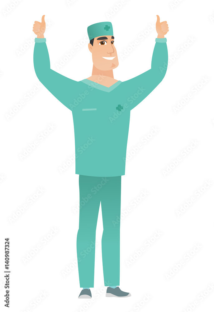 Doctor standing with raised arms up.