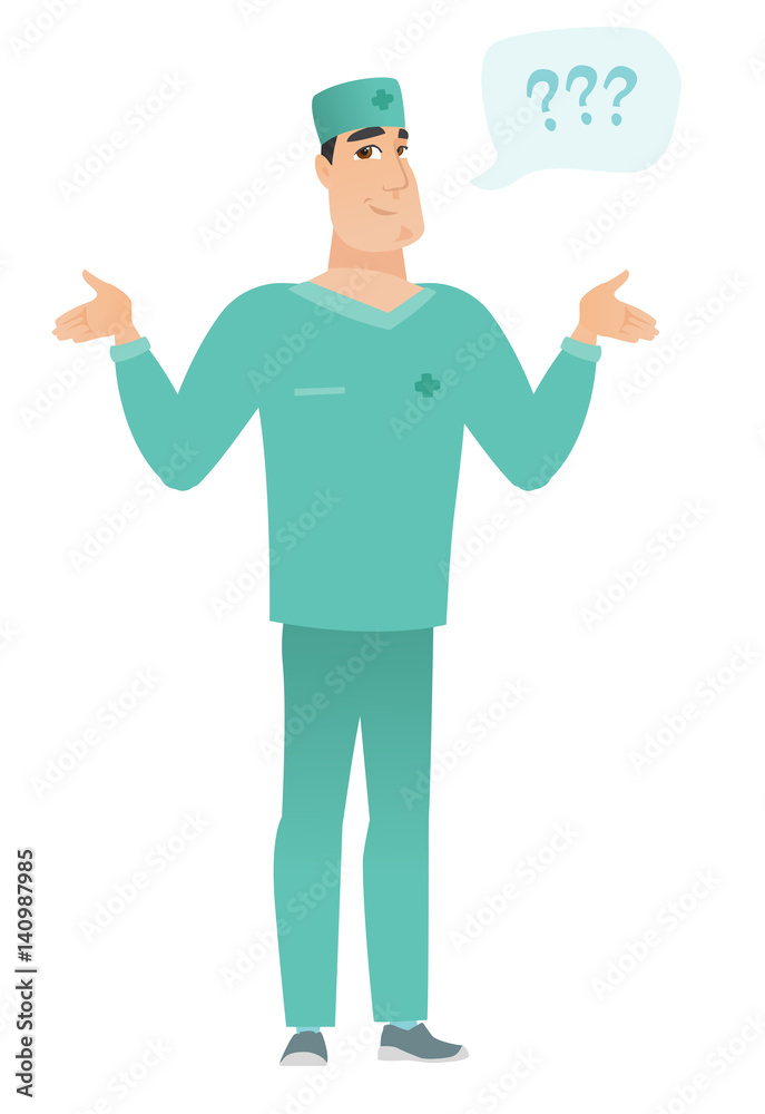 Caucasian confused doctor with spread arms. Caucasian confused doctor with spread arms.