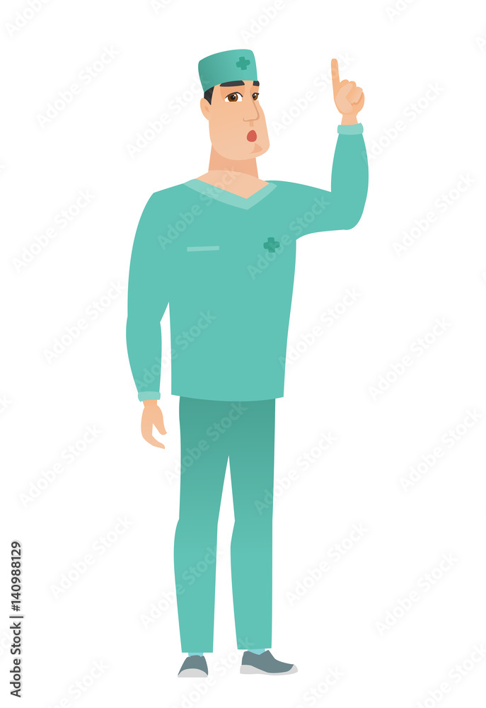 Doctor with open mouth pointing finger up.
