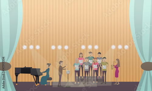 Vector illustration of choir and pianist performing on stage.