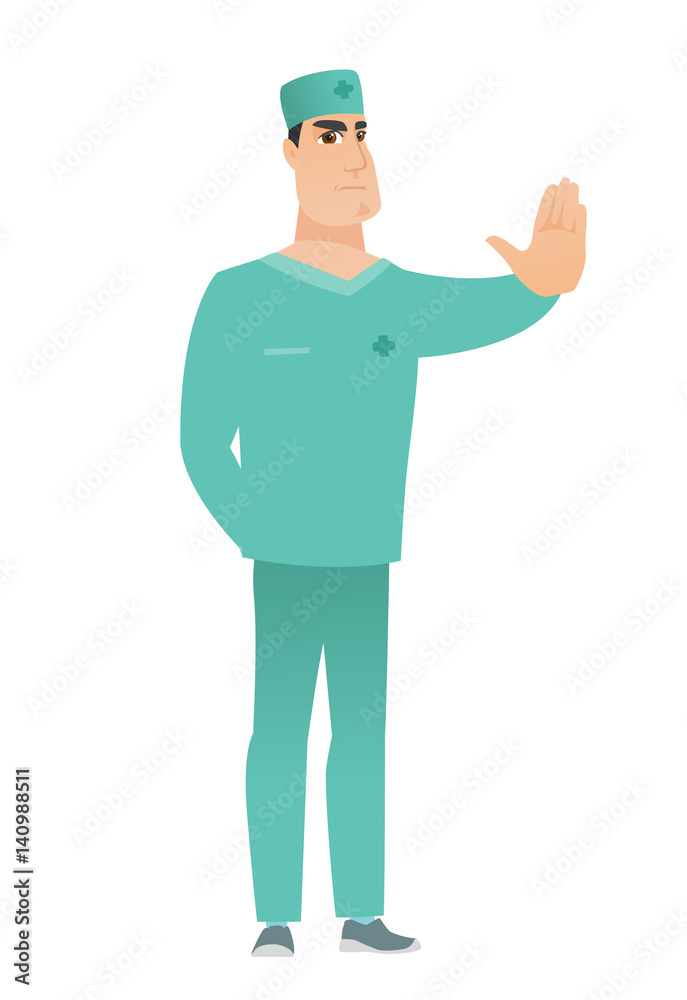 Caucasian doctor showing stop hand gesture.