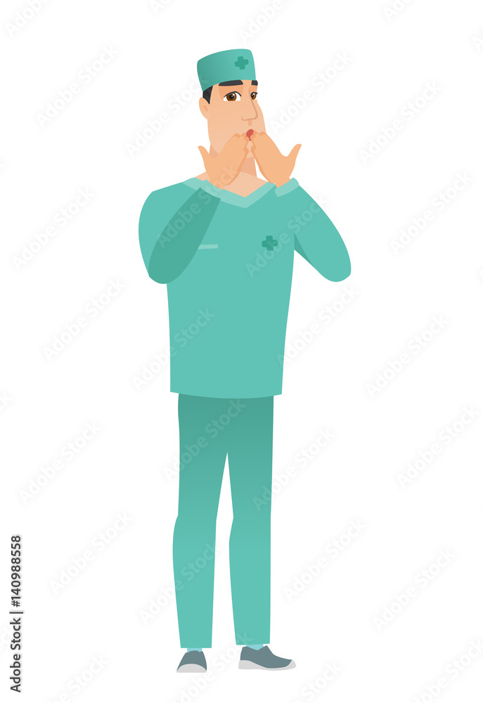 Shoked caucasian doctor covering his mouth. Shoked caucasian doctor covering his mouth.