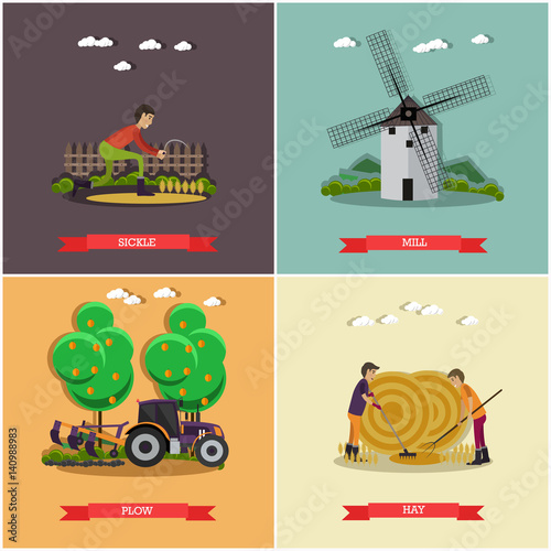 Vector set of farming posters, banners in flat style.