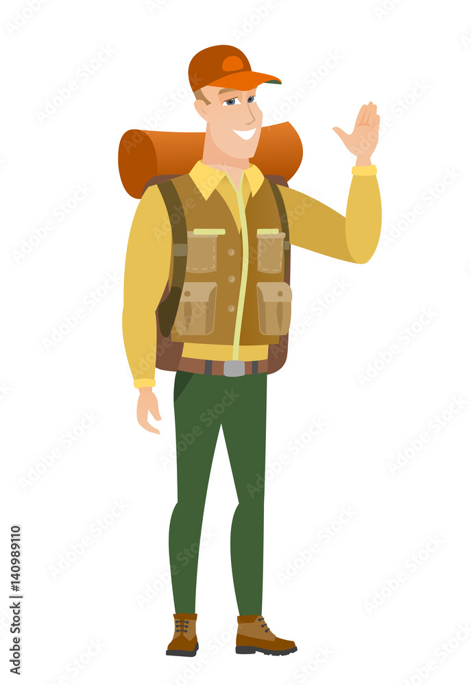 Young caucasian traveler waving his hand. Young caucasian traveler waving his hand.