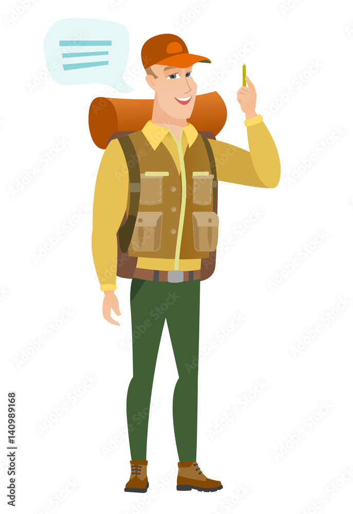 Young caucasian traveler with speech bubble