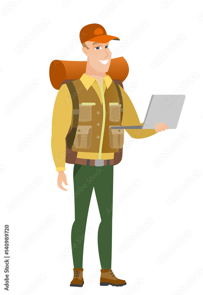 Traveler using laptop vector illustration.