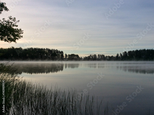 Morning fog on the lake, sunrise shot