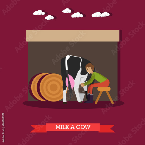 Vector illustration of milker milking cow in flat style