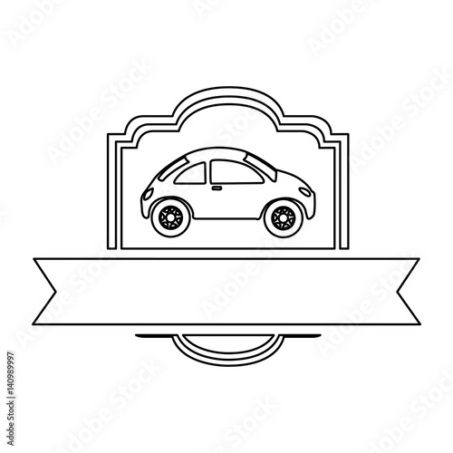 monochrome contour of sport car in heraldic frame with ribbon vector illustration