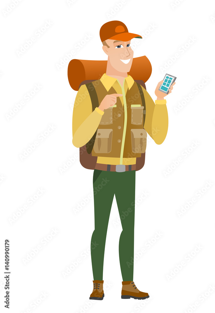 Caucasian traveler holding a mobile phone.