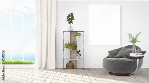 Modern bright interior with empty frame . 3D rendering